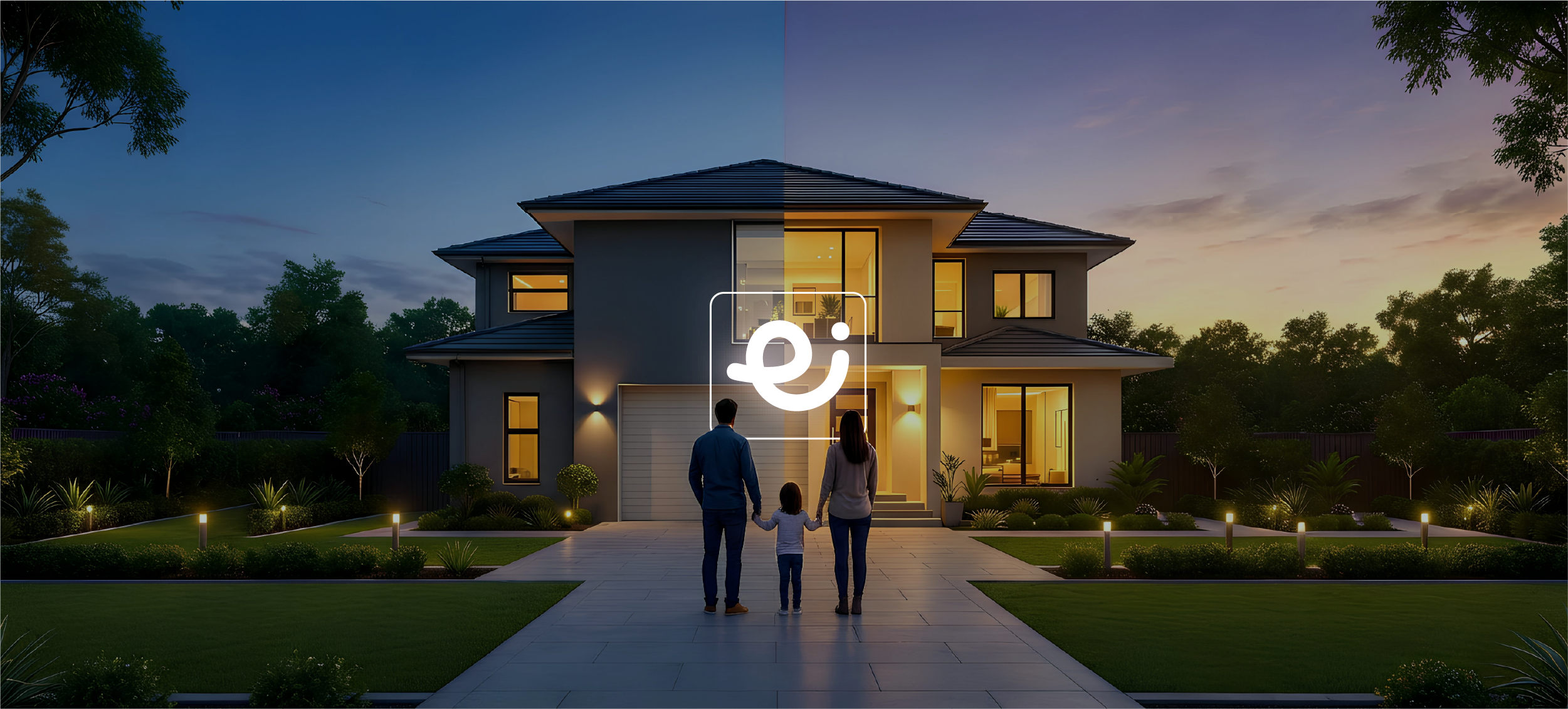 Family standing in front of modern home at twilight